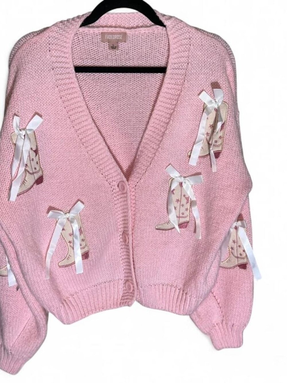 Faded Rose Adorable Pink Bow Cowgirl Boot Sweater Size Large